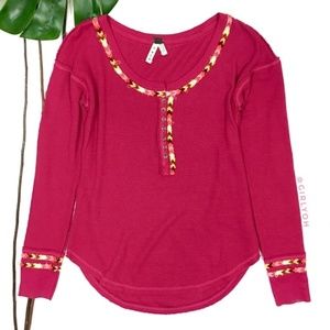 NEW We The Free Pink Thermal Embroidery Henley Top